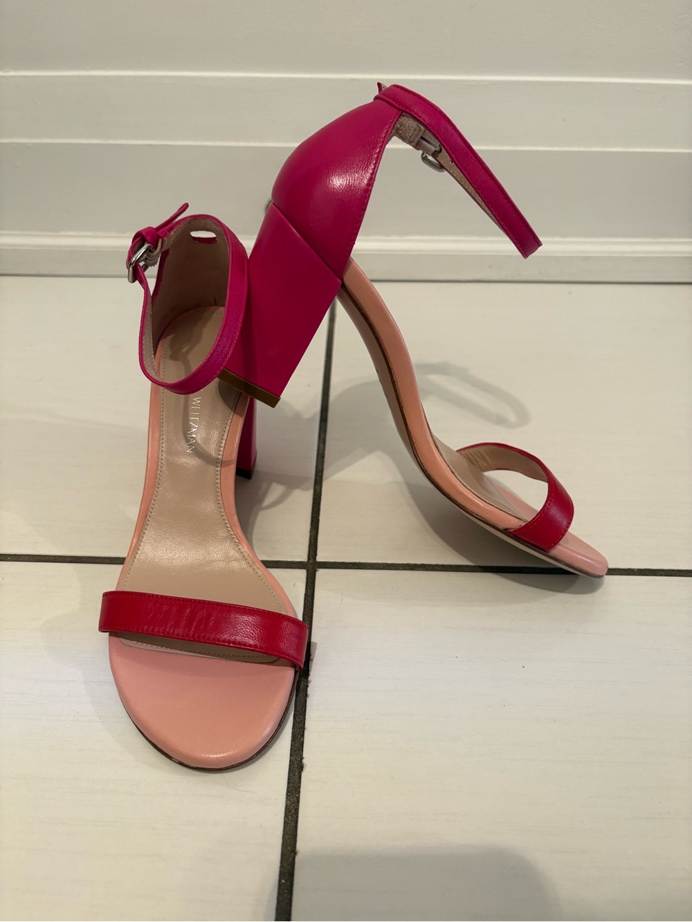 Ladies Stuart Weitzman, Tri- Colour Nudist Block Heel Sandal, Sz 4